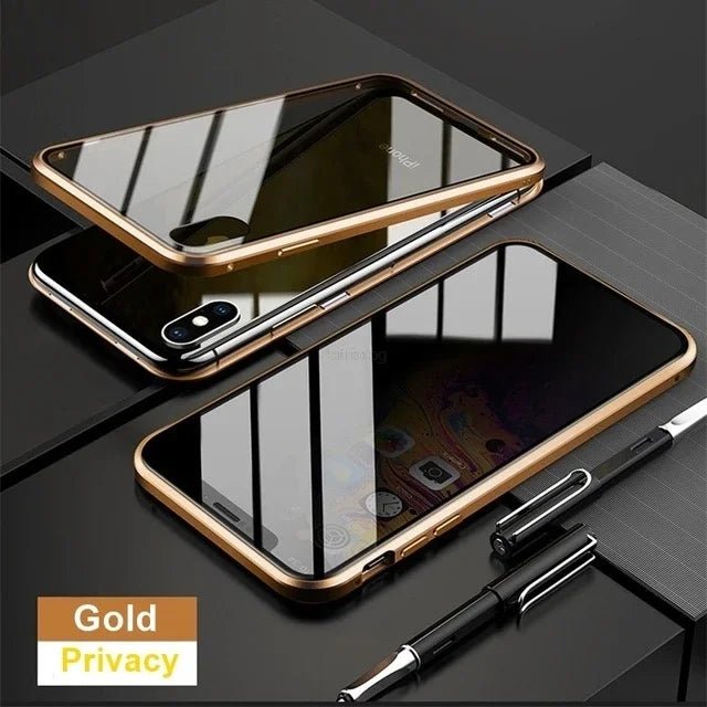Magnetic Tempered Glass Privacy Metal Case for iPhone 16, 15, 14, 13, 12 - 360-Degree Antispy Protective Cover