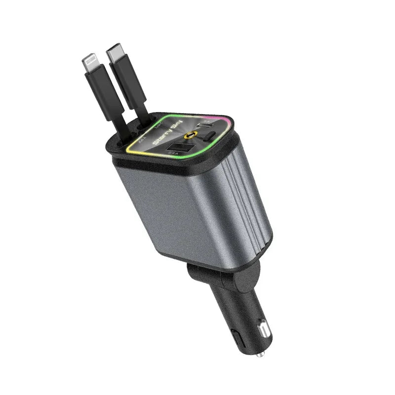 4-in-1 Retractable Car USB Charger with Starlight - USB-C and Lightning Cable for iPhone and Android