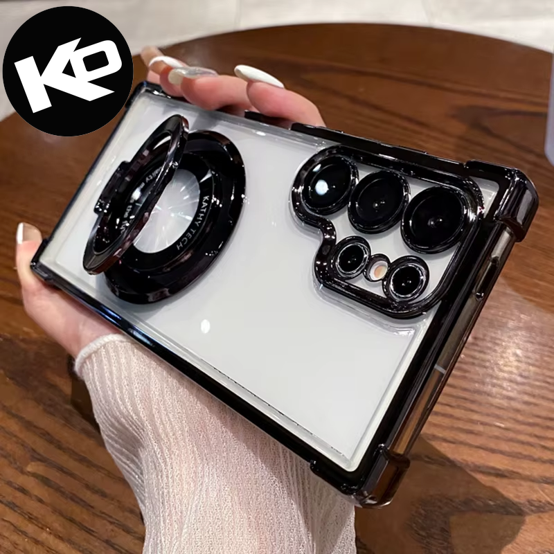 Four Corners Air Cushion Anti-Drop Transparent Electroplated Magnetic Stand Protective Case for Galaxy S23, S22, and S24 Ultra