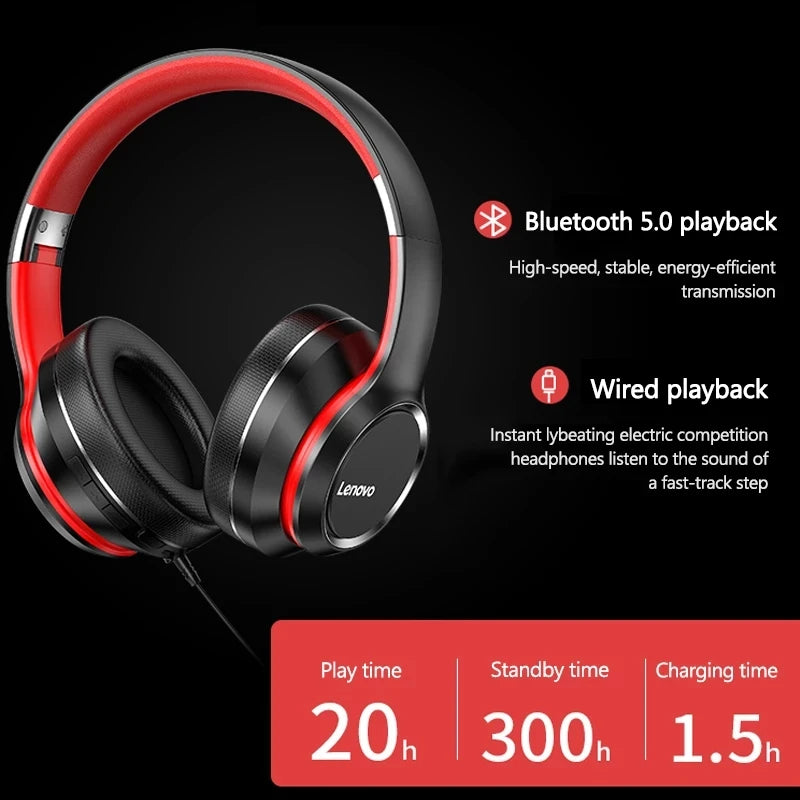 Lenovo HD200 Wireless Bluetooth Over-Ear Headphones with Noise Cancellation - HIFI Stereo Gaming Headset, Foldable Design
